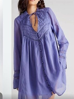 Free People Haddie Long Sleeve Mini Dress Lavender Embroidered Boho Tunic M